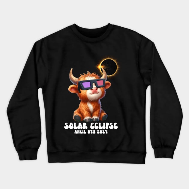 Highland Cow Solar Eclipse April 8th 2024 Crewneck Sweatshirt by inksplashcreations